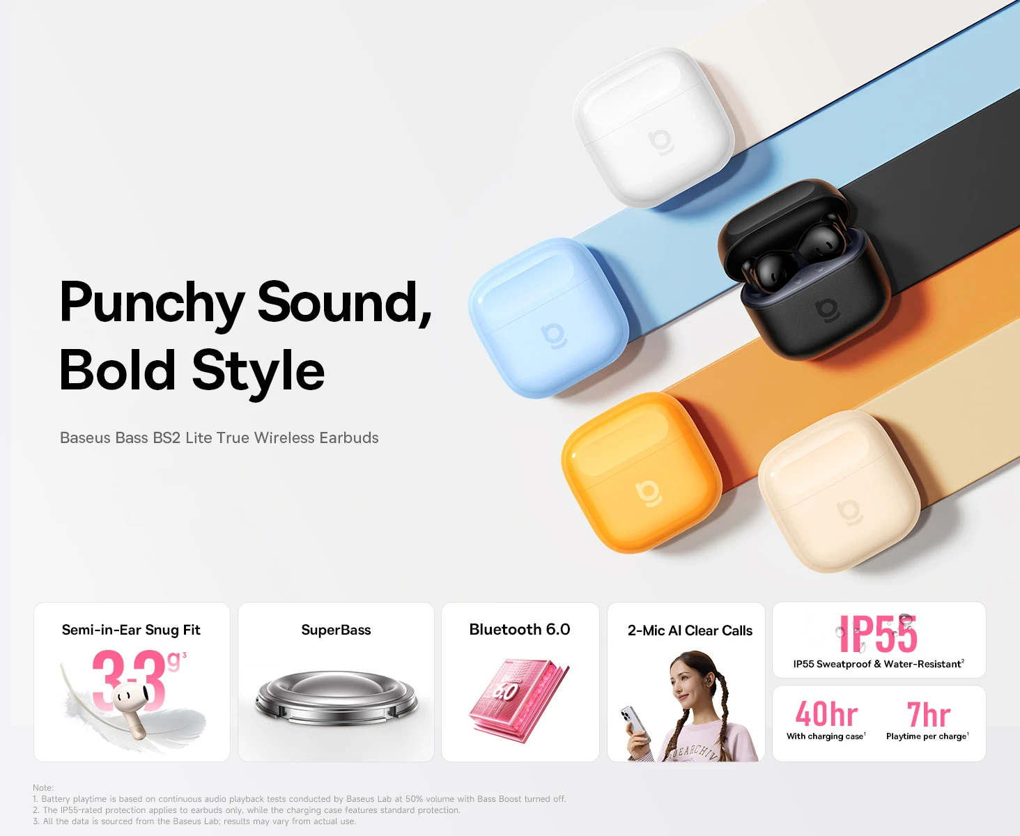 Baseus Belaidės Bluetooth 6.0 ausinės Bass BS2 Lite su įkrovimo dėklu, baltos aprašymas - Prekės nuotrauka