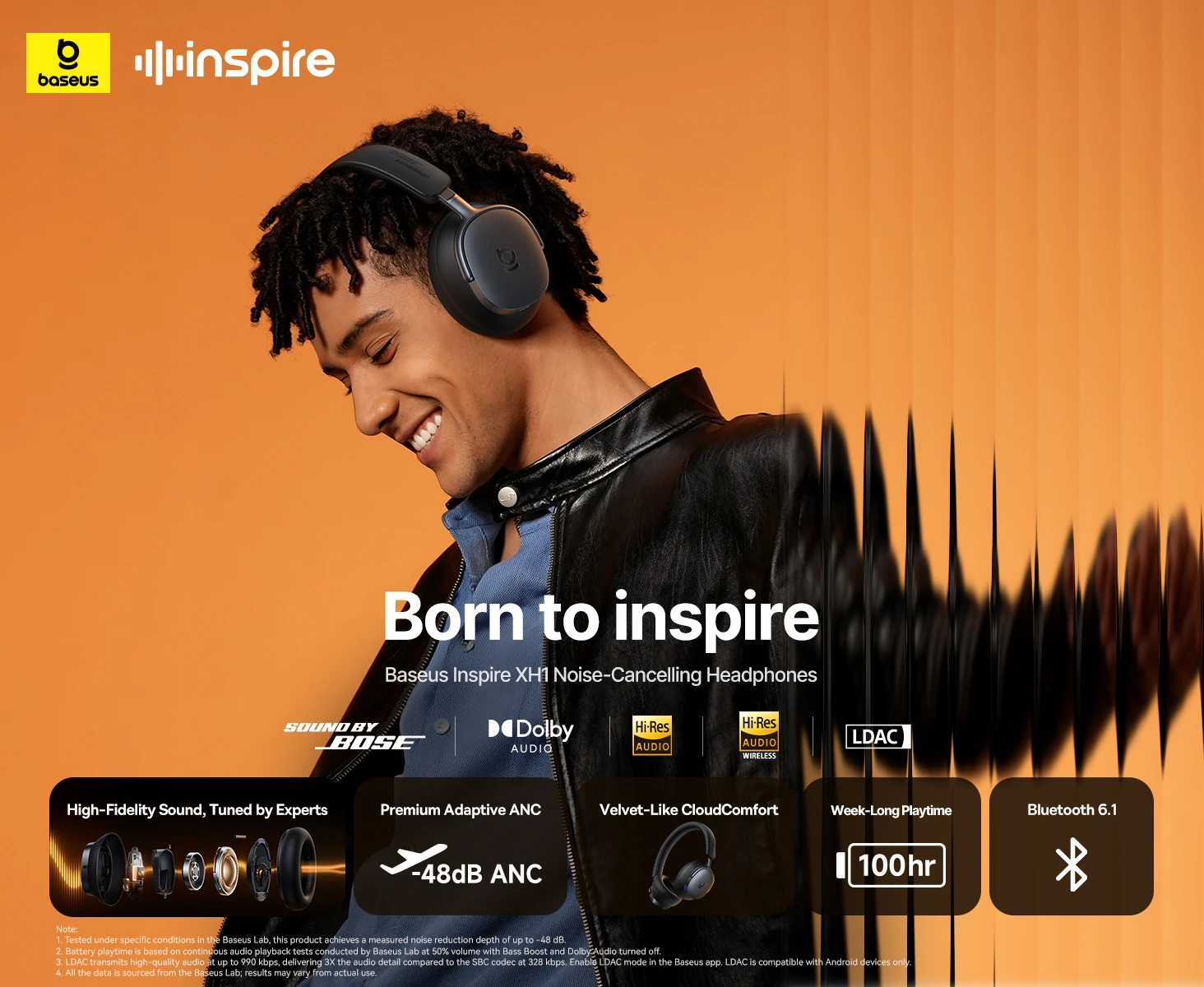 Ausinės Baseus Inspire XH1 Sound by Bose Juoda aprašymas - Prekės nuotrauka
