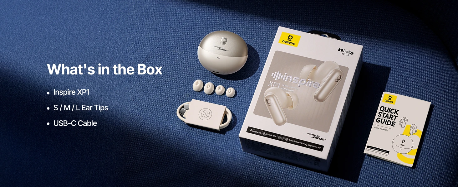 Baseus Belaidės Bluetooth 6.1 ausinės Inspire XP1 su įkrovimo dėklu ir triukšmo slopinimu, baltos aprašymas - Prekės nuotrauka