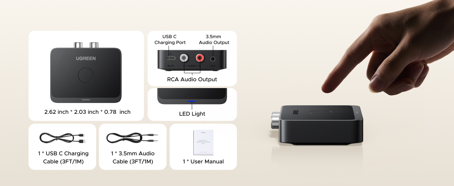 Ugreen Belaidis Bluetooth 6.0 LDAC garso imtuvas su 3.5mm (AUX), 2xRCA išėjimu aprašymas - Prekės nuotrauka