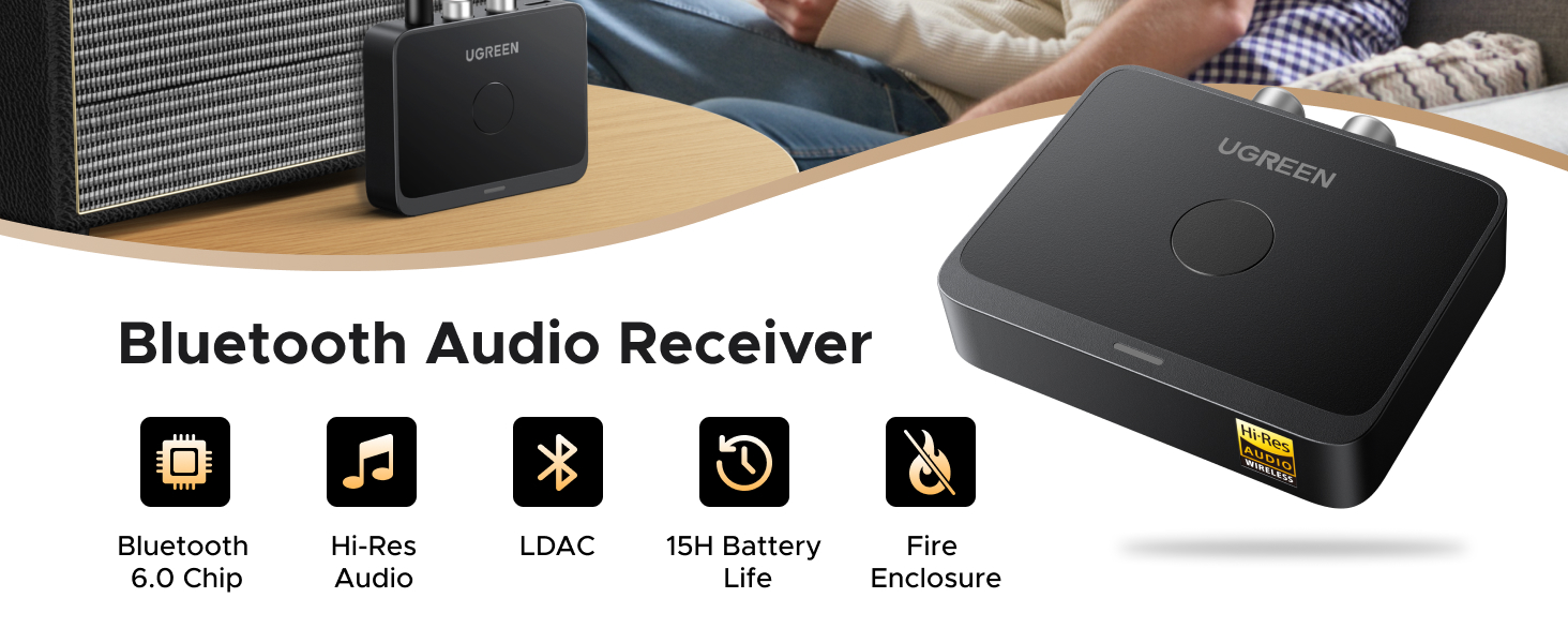 Ugreen Belaidis Bluetooth 6.0 LDAC garso imtuvas su 3.5mm (AUX), 2xRCA išėjimu aprašymas - Prekės nuotrauka
