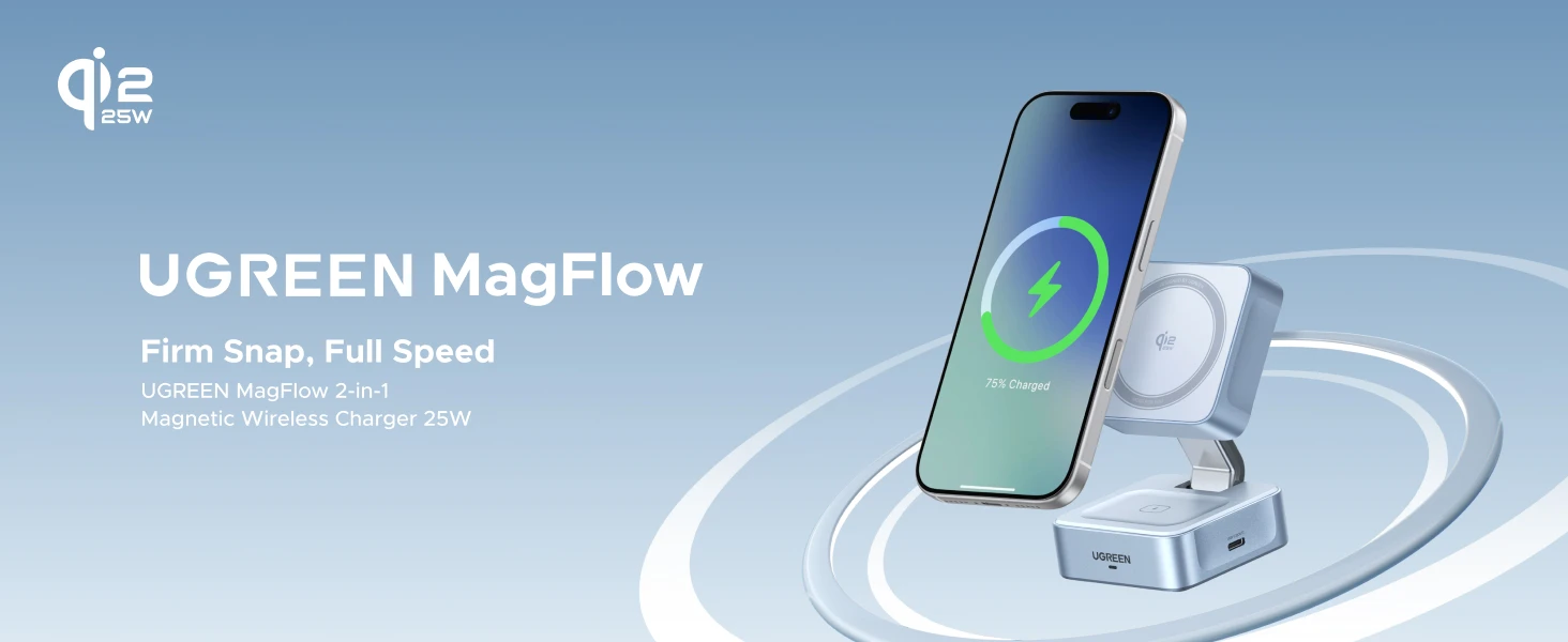 Ugreen Belaidis magnetinis įkroviklis MagFlow Qi2 Apple įrenginiams 25W aprašymas - Prekės nuotrauka
