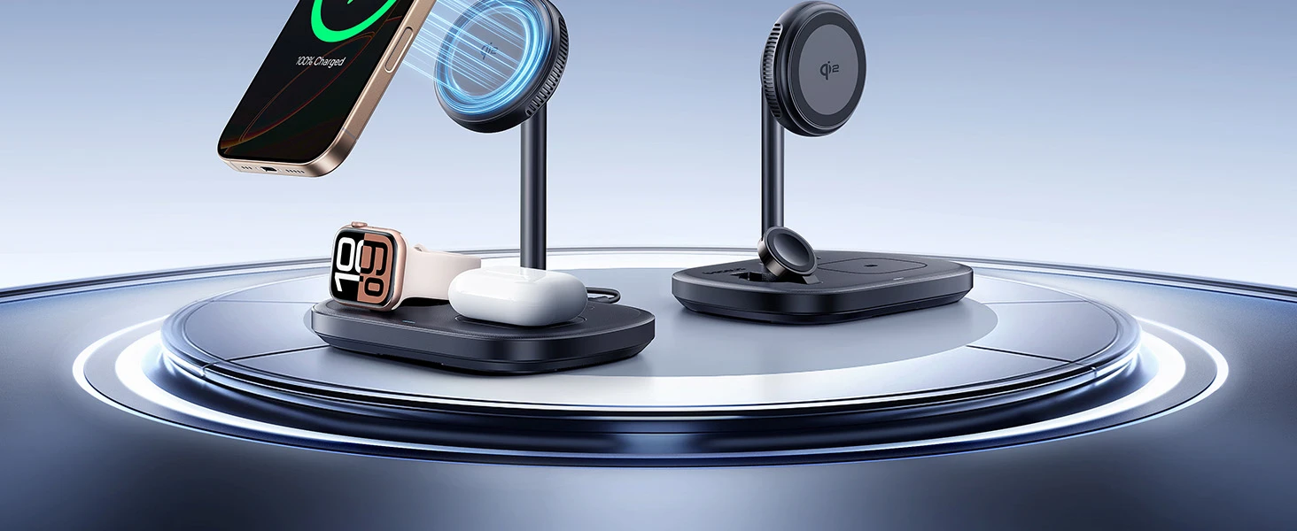 Baseus Belaidis magnetinis įkroviklis, stovas trims Apple įrenginiams 22.5W USB-C EnerFill FS41 aprašymas - Prekės nuotrauka