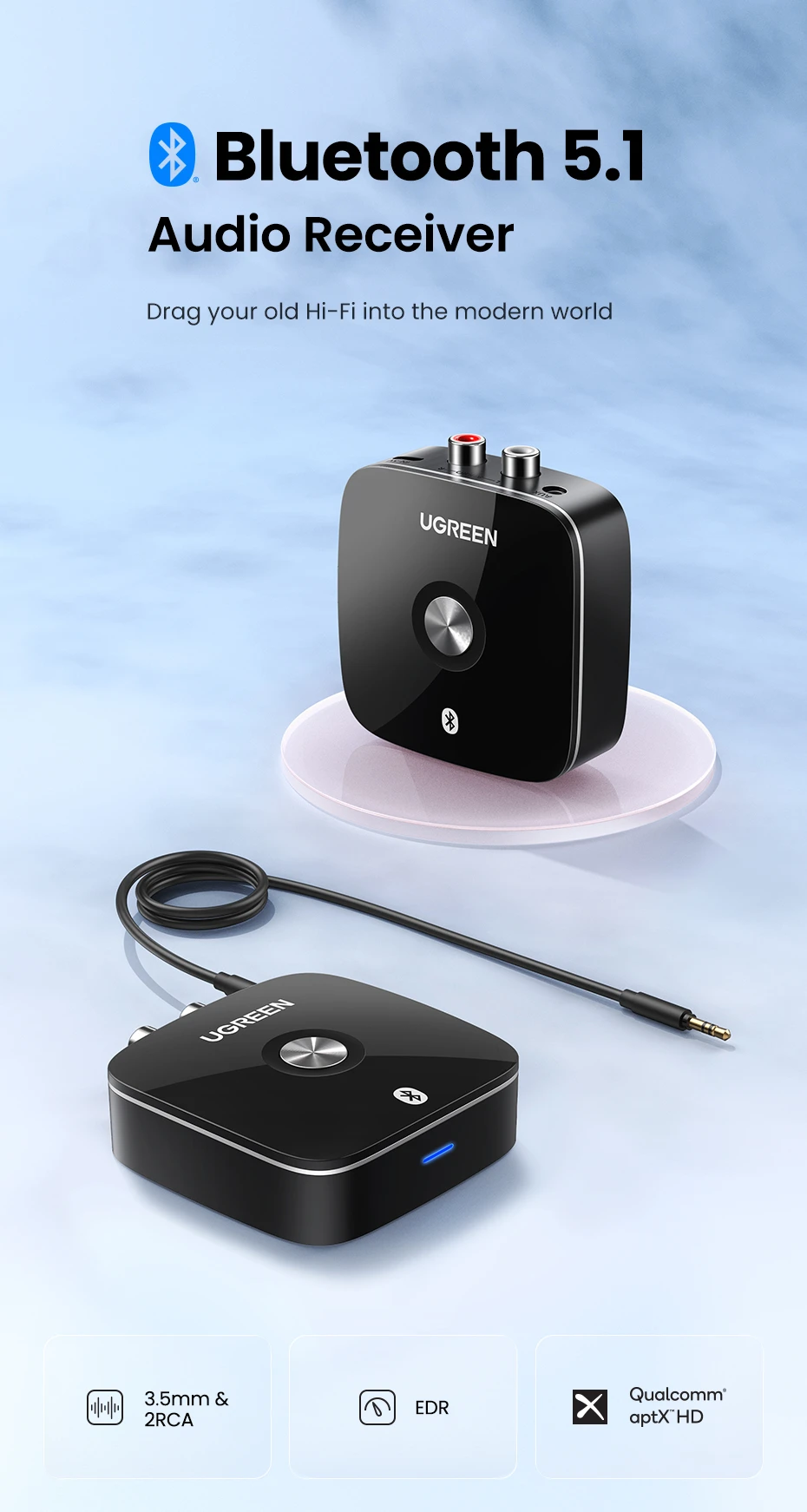 Ugreen Bluetooth 5.1 aptX garso imtuvas su 3.5mm (AUX), 2xRCA lizdais aprašymas - Prekės nuotrauka