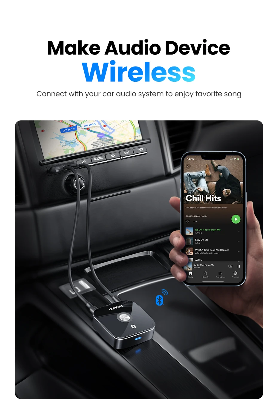 Ugreen Bluetooth 5.1 aptX garso imtuvas su 3.5mm (AUX), 2xRCA lizdais aprašymas - Prekės nuotrauka