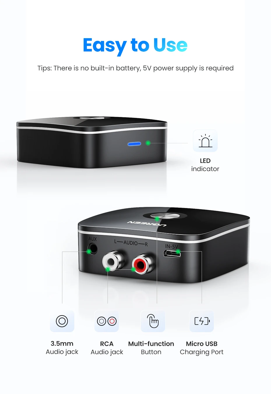 Ugreen Bluetooth 5.1 aptX garso imtuvas su 3.5mm (AUX), 2xRCA lizdais aprašymas - Prekės nuotrauka
