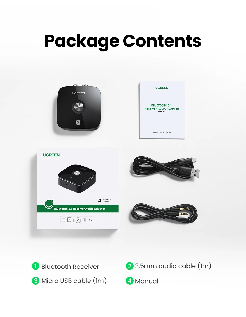 Ugreen Bluetooth 5.1 aptX garso imtuvas su 3.5mm (AUX), 2xRCA lizdais aprašymas - Prekės nuotrauka