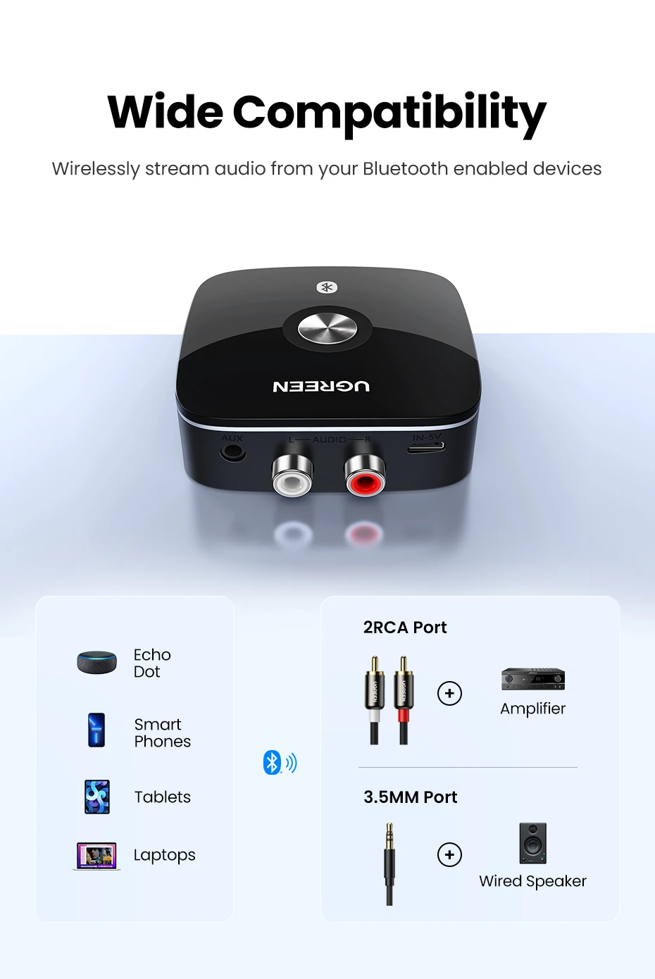 Ugreen Bluetooth 5.1 aptX garso imtuvas su 3.5mm (AUX), 2xRCA lizdais aprašymas - Prekės nuotrauka