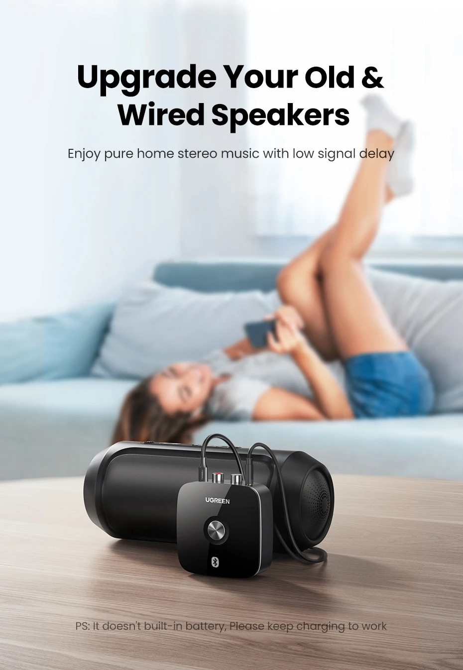 Ugreen Bluetooth 5.1 aptX garso imtuvas su 3.5mm (AUX), 2xRCA lizdais aprašymas - Prekės nuotrauka
