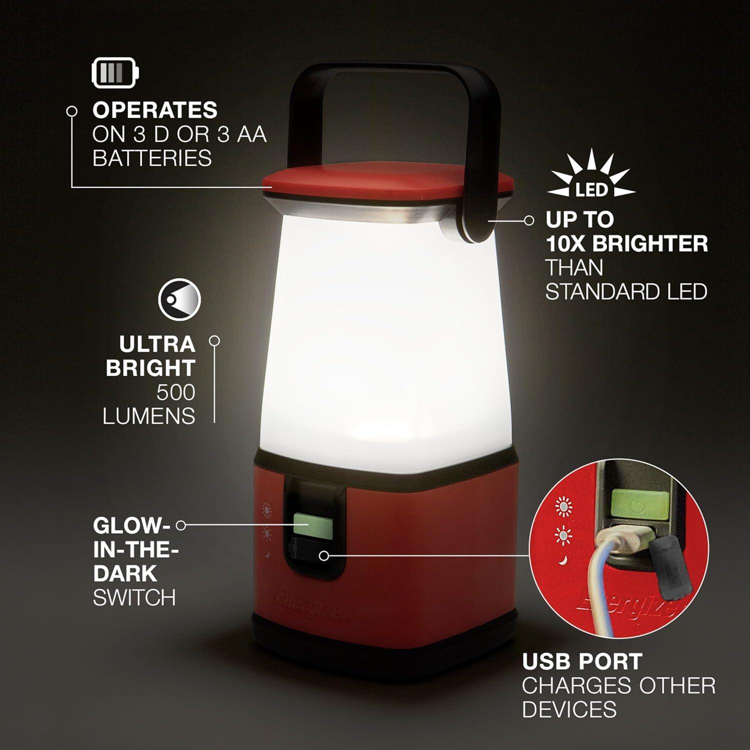 Energizer 500lm žibintas Camping ESAL351 3xAA / 3xD, gali įkrauti įrenginius per USB aprašymas - Prekės nuotrauka