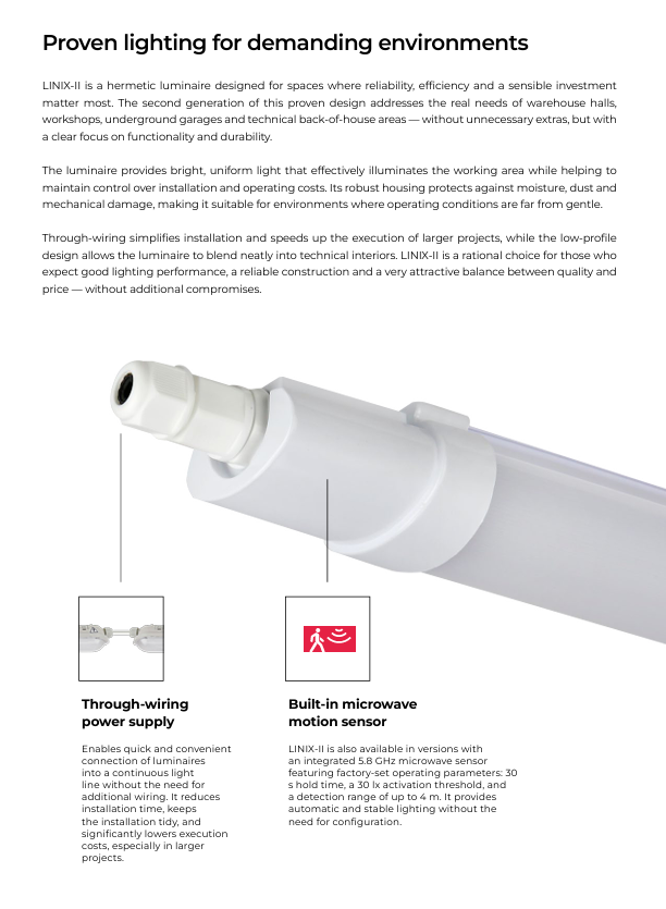 Led Line Lite Hermetinis šviestuvas su MW judesio jutikliu TRI-PROOF, 230Vac, 36W, 4320lm, 120cm, IP65, 4000K, LINIX aprašymas - Prekės nuotrauka