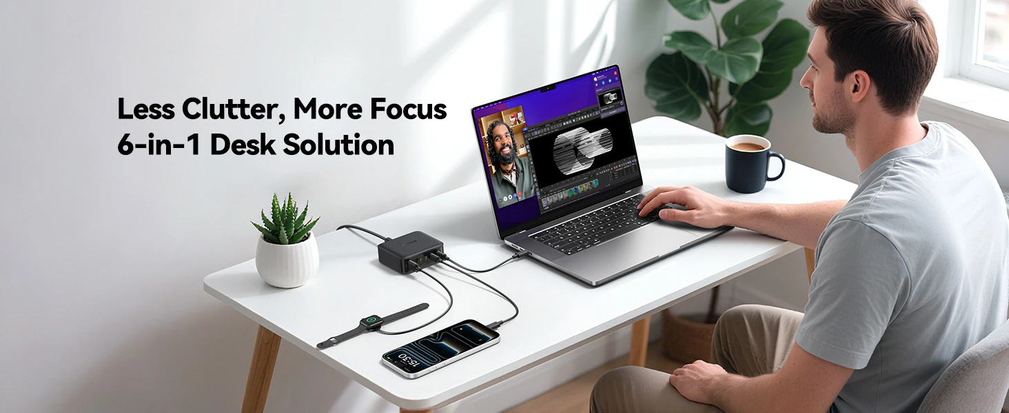 Baseus Įkrovimo stotelė EnerFill FH21 120W 2xUSB-A + 4xUSB-C 1.5m, juoda aprašymas - Prekės nuotrauka