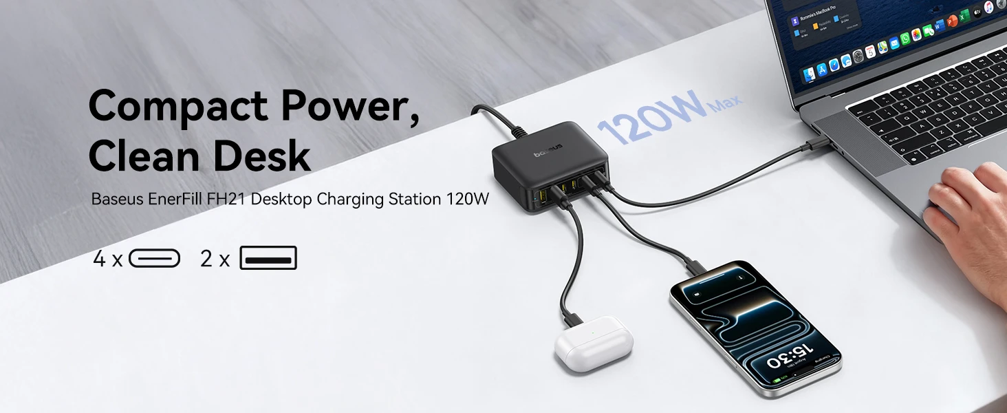 Baseus Įkrovimo stotelė EnerFill FH21 120W 2xUSB-A + 4xUSB-C 1.5m, juoda aprašymas - Prekės nuotrauka