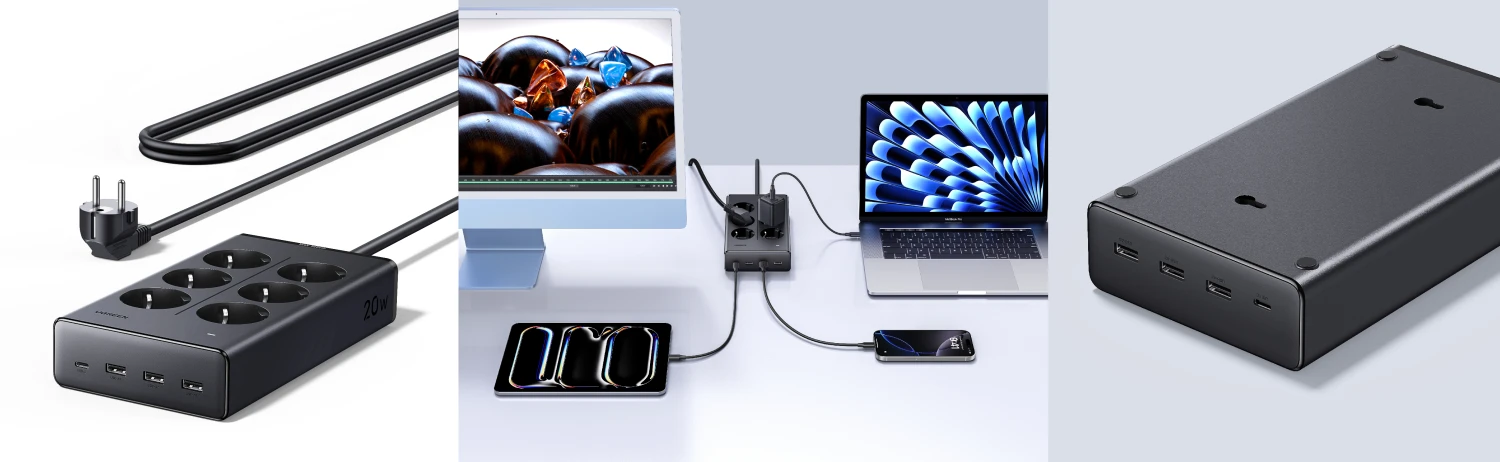 Ilgiklis 6 lizdų 1.3m, su USB krovikliu (3x USB-A max 15W, 1x USB-C max 20W) juoda S622 UGREEN aprašymas - Prekės nuotrauka