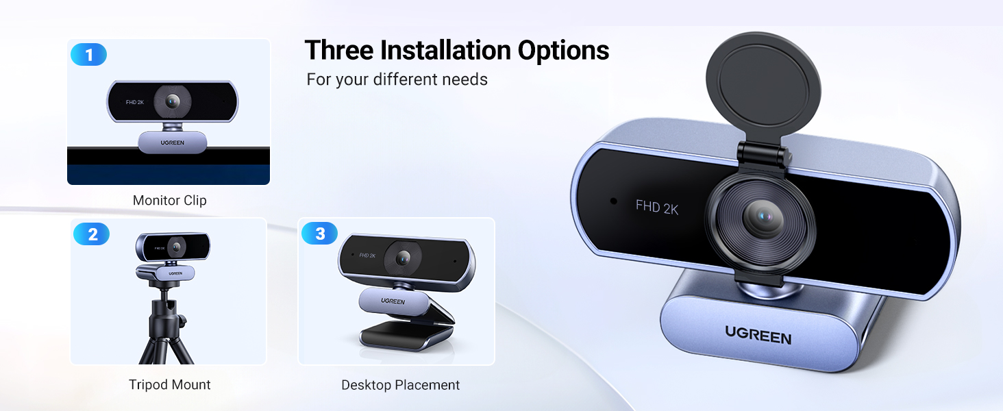 Ugreen Internetinė USB kamera FHD 2K@30FPS su triukšmą slopinančiu mikrofonu, privatumo dangteliu aprašymas - Prekės nuotrauka