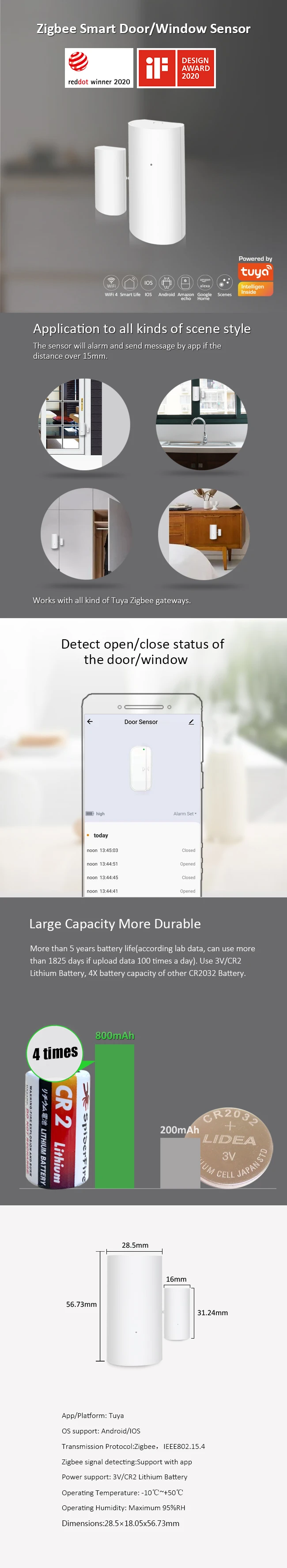 Išmanusis durų/langų jutiklis E3, ZigBee, TUYA / Smart Life, NOUS aprašymas - Prekės nuotrauka
