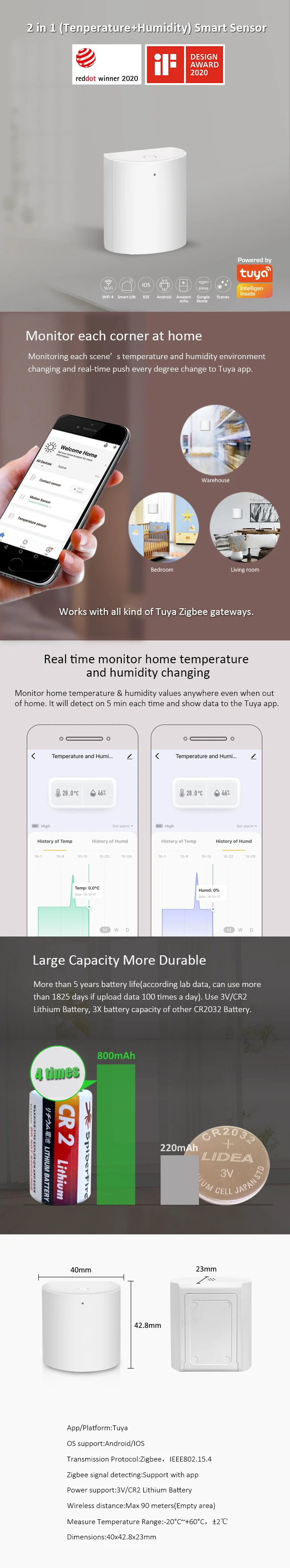 Išmanusis temperatūros ir drėgmės jutiklis E5, ZigBee, TUYA / Smart Life, NOUS aprašymas - Prekės nuotrauka