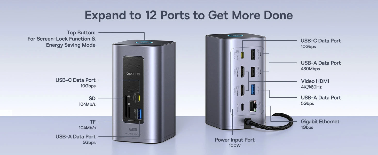Jungčių stotelė / adapteris 1in12 USB C kištukas - 2xHDMI RJ45 SD/TF USB3 NU1 Air Spacemate BASEUS aprašymas - Prekės nuotrauka