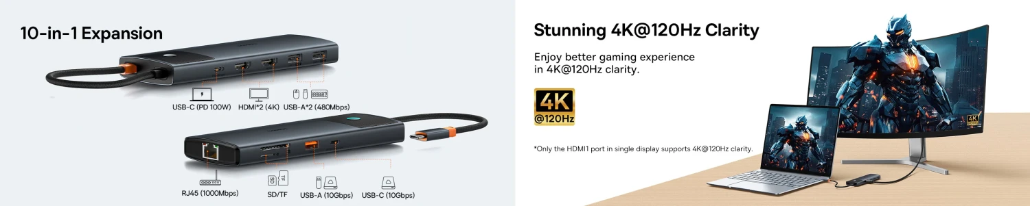 Jungčių stotelė / adapteris USB C kištukas - 1in10 2xHDMI RJ45 SD/TF USB3 BASEUS aprašymas - Prekės nuotrauka
