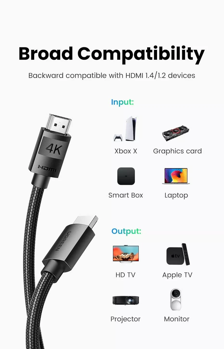Kabelis HDMI-HDMI kištukai 10m (HDMI 1.4 4K@30Hz) juodas su šarvu HD119 UGREEN aprašymas - Prekės nuotrauka