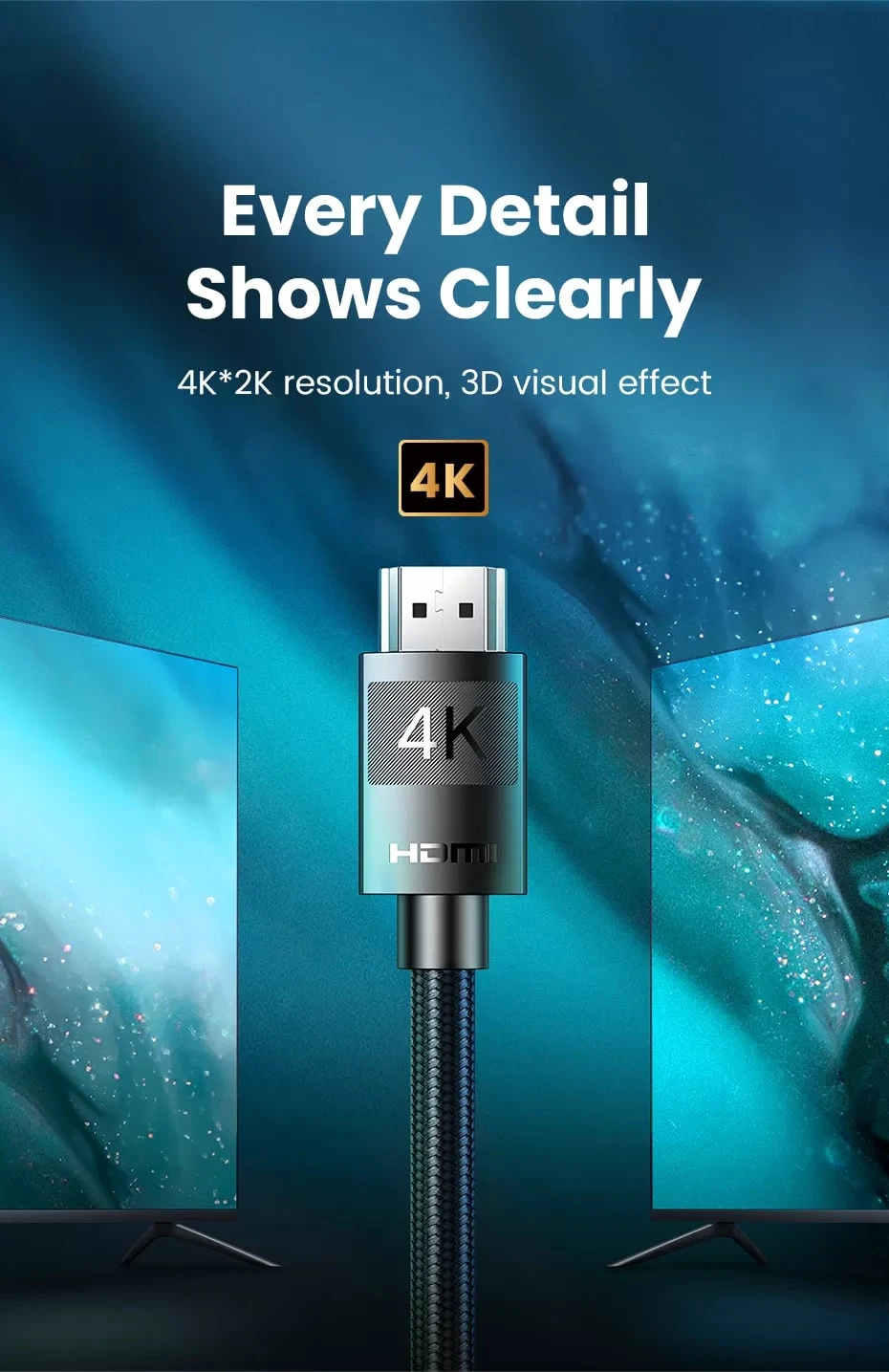 Kabelis HDMI-HDMI kištukai 10m (HDMI 1.4 4K@30Hz) juodas su šarvu HD119 UGREEN aprašymas - Prekės nuotrauka