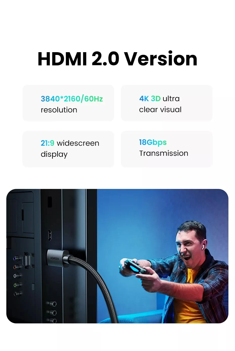 Kabelis HDMI-HDMI kištukai 10m (HDMI 1.4 4K@30Hz) juodas su šarvu HD119 UGREEN aprašymas - Prekės nuotrauka