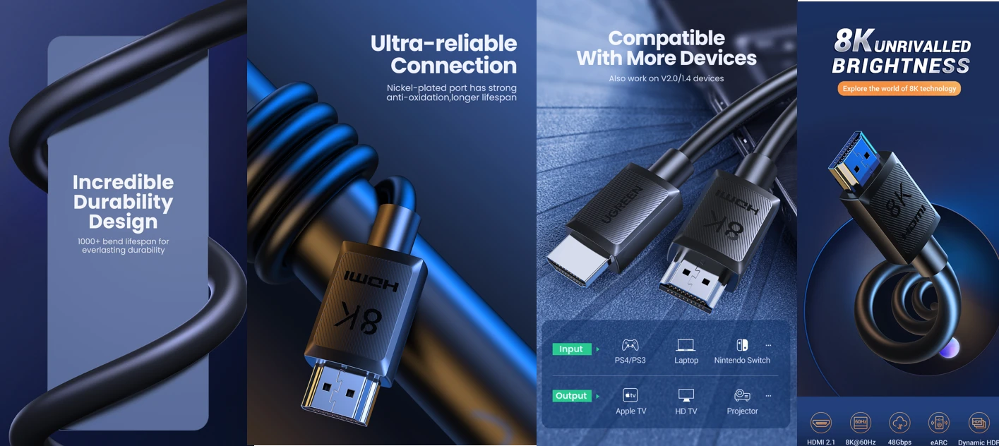Kabelis HDMI-HDMI kištukai 30m (HDMI 2.1 8K@60Hz 48Gbps) juodas HD175 UGREEN aprašymas - Prekės nuotrauka