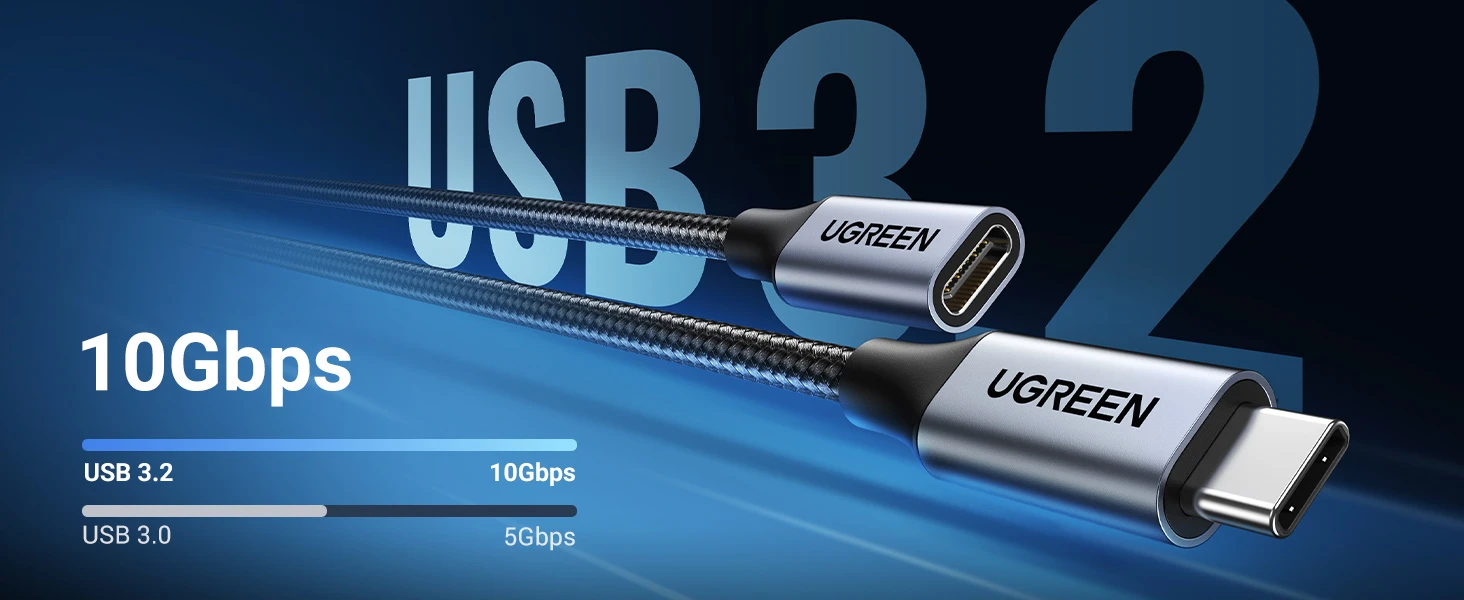 Kabelis ilgiklis USB C kištukas - USB C lizdas USB3.2 100W 1m 10Gbps juodas US372 UGREEN aprašymas - Prekės nuotrauka