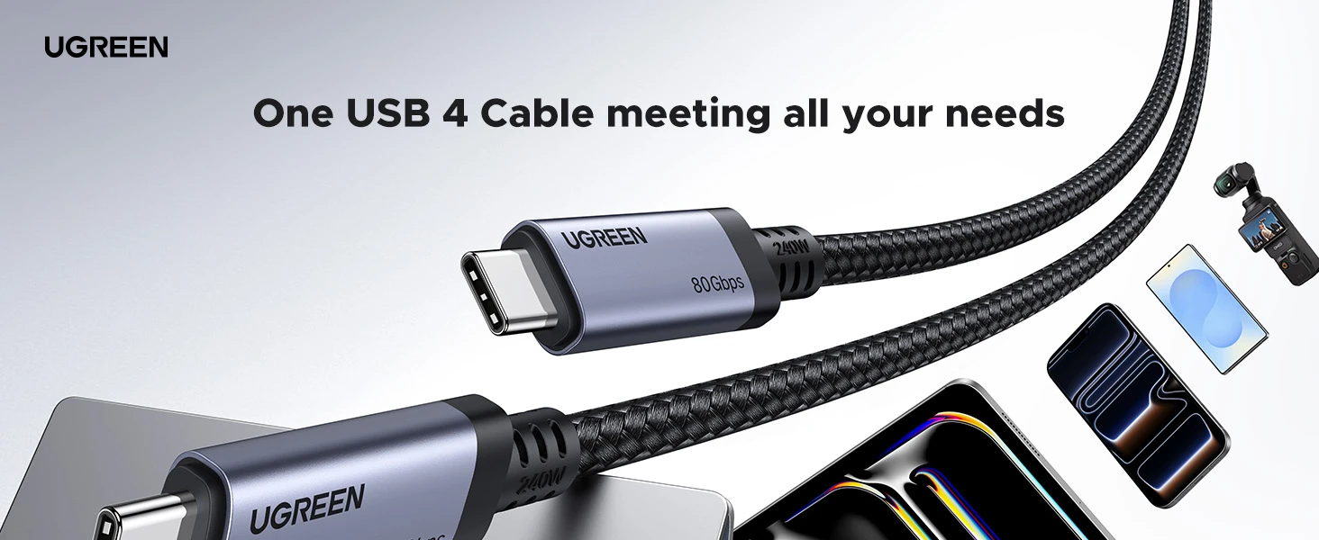 Kabelis USB C - USB C 1m USB4 240W 80Gbit/s 16K@60Hz Thunderbolt 4 suderinamas L706 UGREEN aprašymas - Prekės nuotrauka