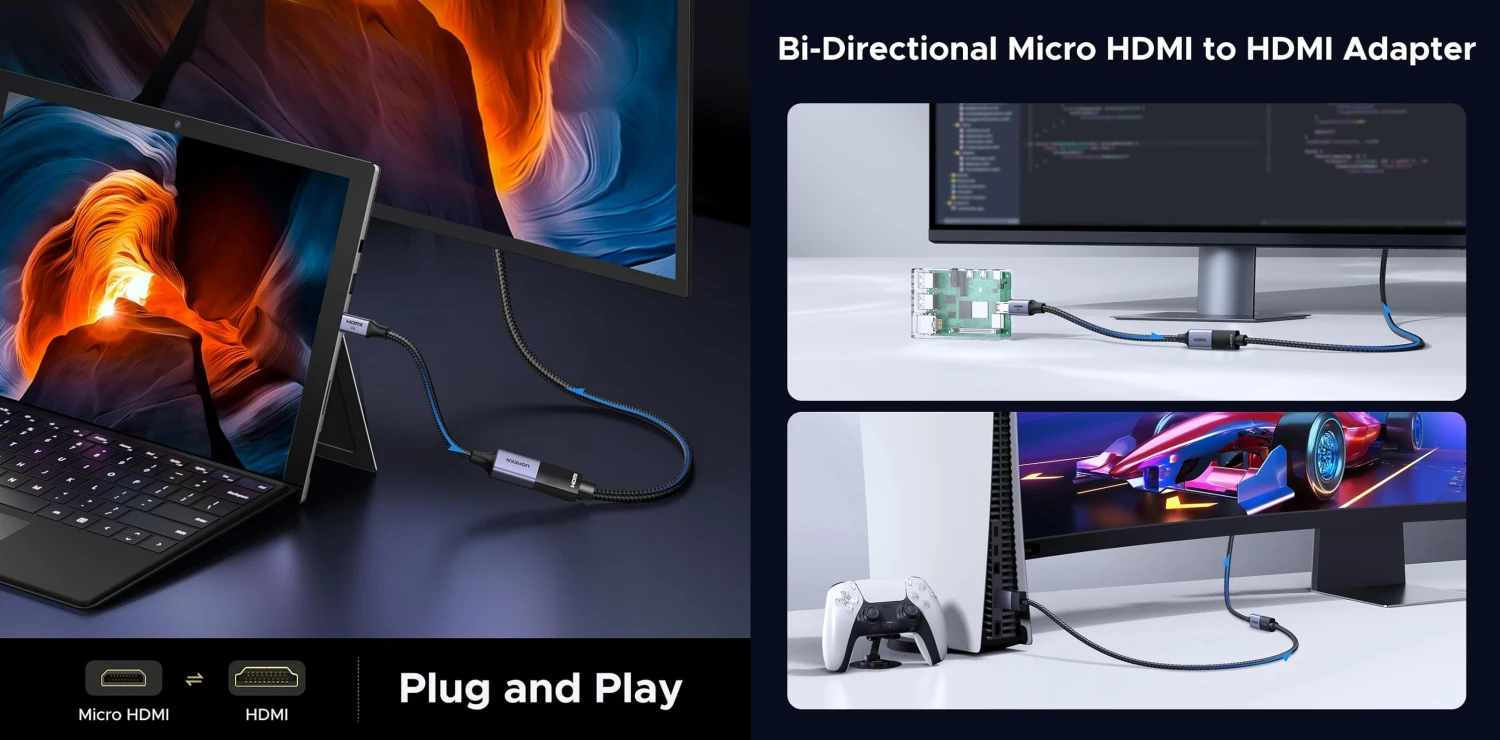 Kabelis/adapteris HDMI lizdas - micro HDMI kištukas 20cm 8K@60Hz HD182 UGREEN aprašymas - Prekės nuotrauka