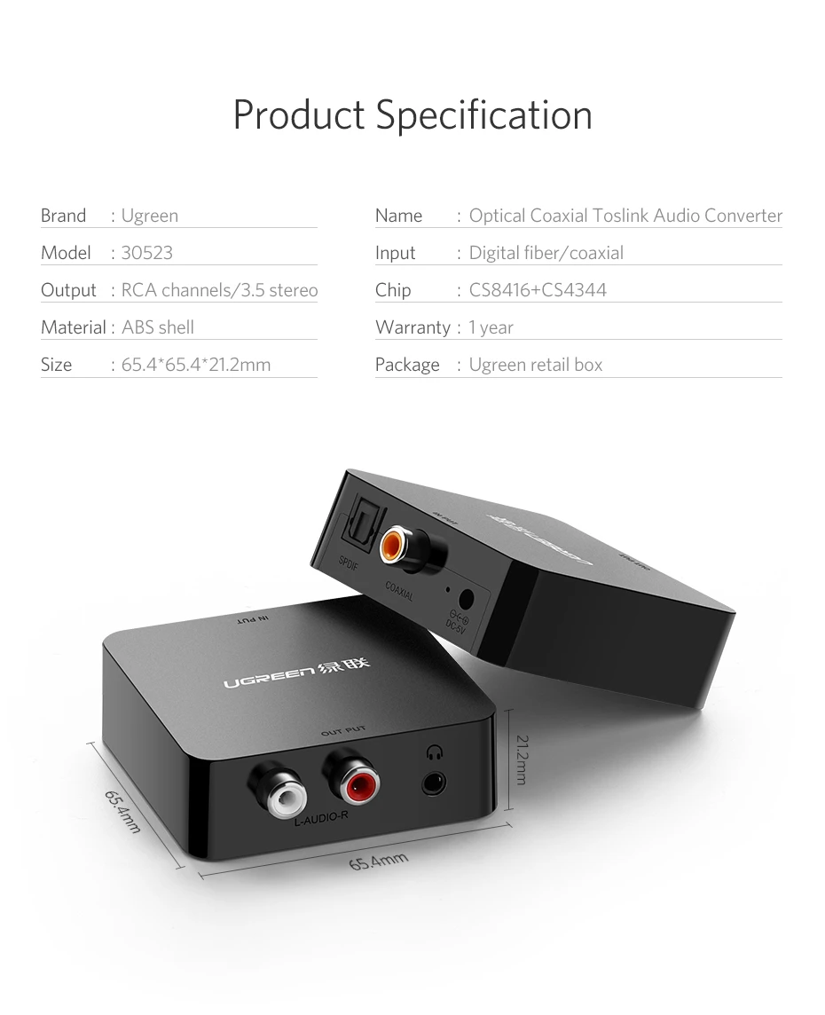 Ugreen Keitiklis skaitmeninio (Coaxial, Toslink) garso signalo į analoginį (RCA, 3.5mm) aprašymas - Prekės nuotrauka