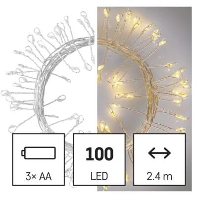 LED girlianda NANO, 4.5Vac (3xAA), 2.4m, 100 x LED, šiltai balta, su laikmačiu, EMOS aprašymas - Prekės nuotrauka