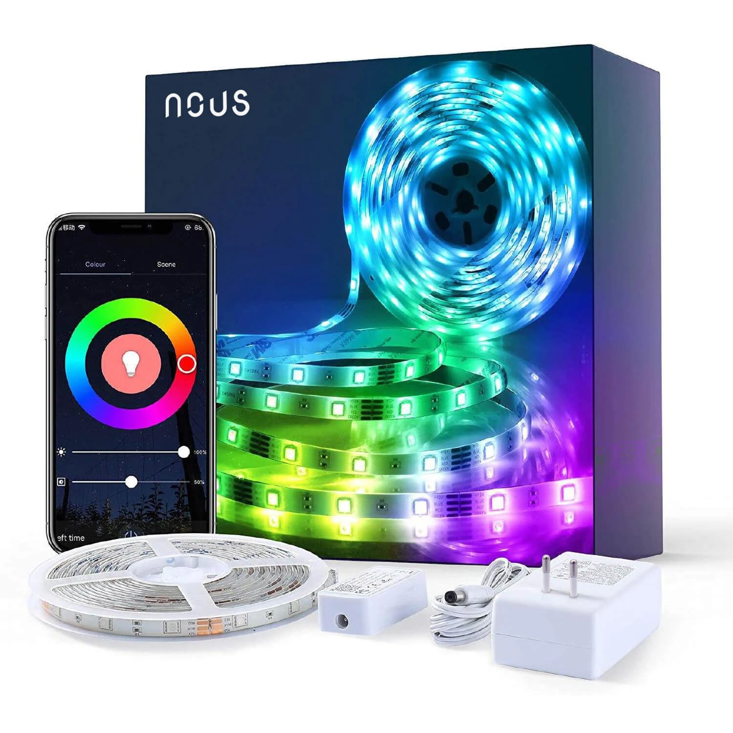 LED juostos komplektas su Wi-Fi valdikliu ir maitinimo šaltiniu, RGB, 5m, 24W, TUYA / Smart Life, NOUS aprašymas - Prekės nuotrauka