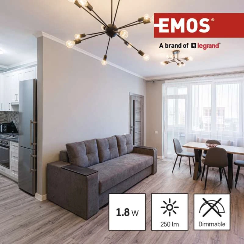 LED lemputė E14 230V 1.8W 250lm, FILAMENT, šiltai balta, 2700K, EMOS aprašymas - Prekės nuotrauka