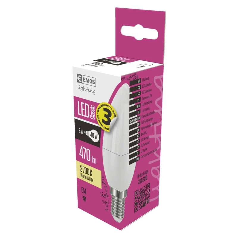LED lemputė E14 230V 5W 470lm, žvakės formos, šiltai balta, 2700K, EMOS aprašymas - Prekės nuotrauka