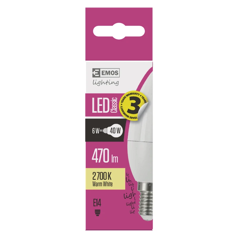 LED lemputė E14 230V 5W 470lm, žvakės formos, šiltai balta, 2700K, EMOS aprašymas - Prekės nuotrauka