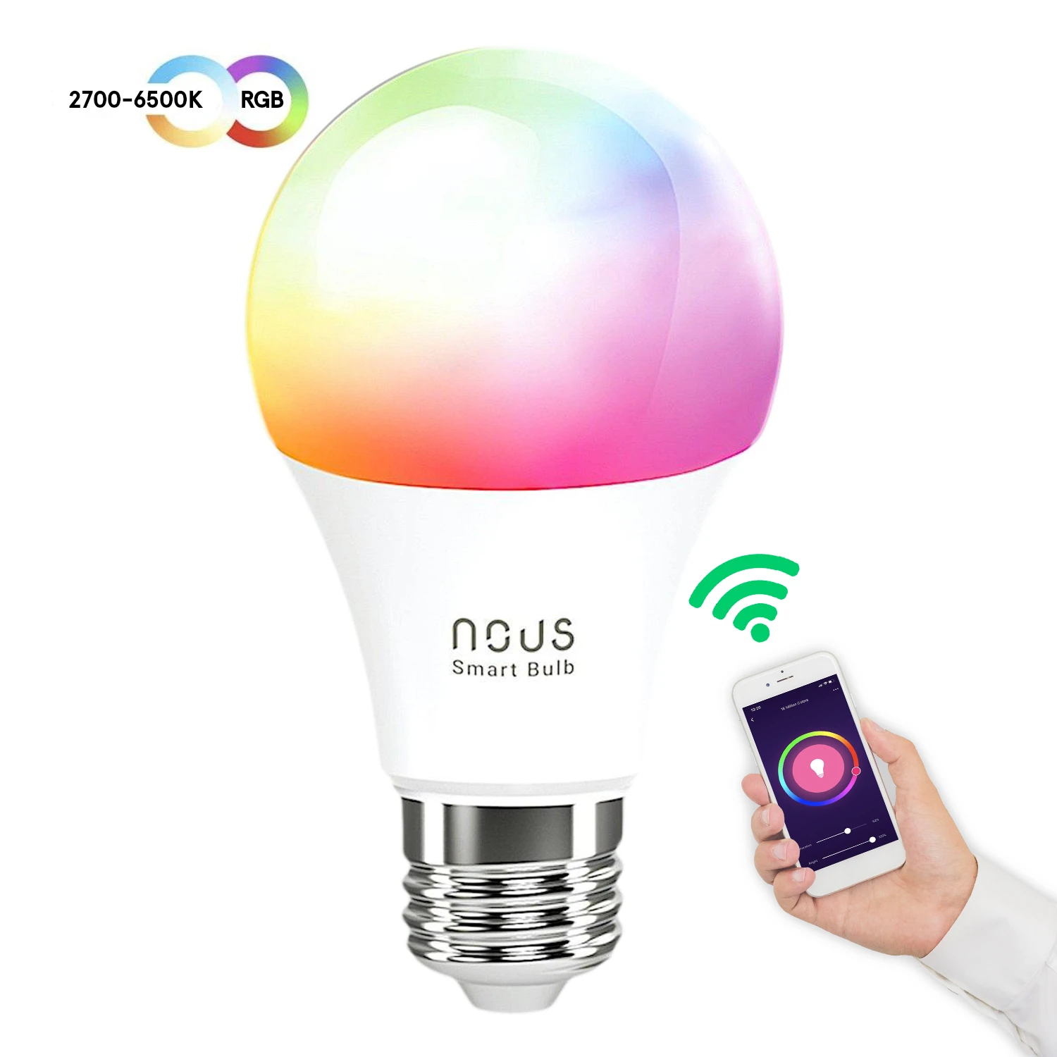 Lemputė LED E27, 230V, 9W, 810lm, 2700K - 6500K, RGB, išmanioji Wi-Fi, valdoma programėle, TUYA / Smart Life, P3, NOUS aprašymas - Prekės nuotrauka