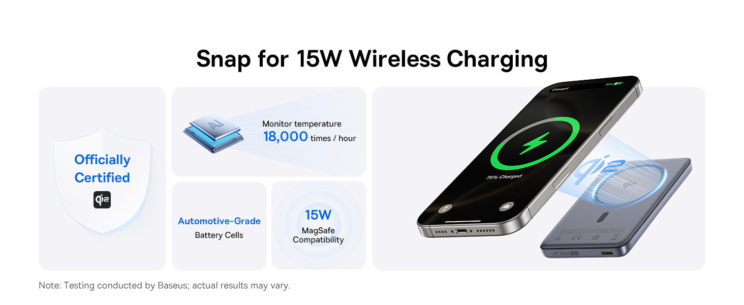 LiPo išorinis akumuliatorius (PowerBank) 10000mAh 27W su bevieliu QI2, magnetiniu laikikliu Magsafe Titanium Ultra-slim PicoGo AM41BASEUS aprašymas - Prekės nuotrauka