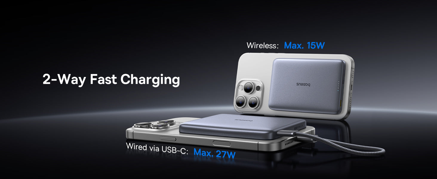 LiPo išorinis akumuliatorius (PowerBank) 10000mAh 27W su bevieliu QI2, magnetiniu laikikliu Magsafe Titanium Ultra-slim PicoGo AM41BASEUS aprašymas - Prekės nuotrauka