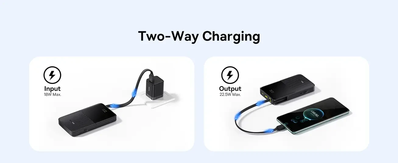 LiPo išorinis akumuliatorius (PowerBank) 10000mAh 22.5W USB + USB-C su integruotu USB-C kabeliu EnerFill Bipow2 juodas BASEUS aprašymas - Prekės nuotrauka