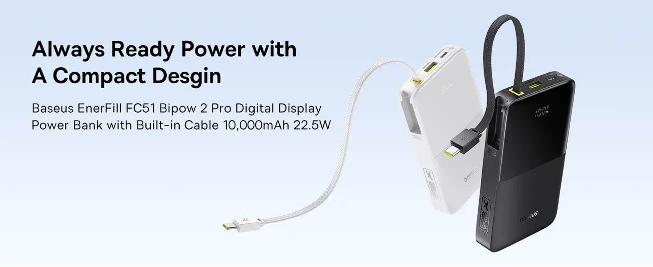 LiPo išorinis akumuliatorius (PowerBank) 10000mAh 22.5W USB + USB-C su integruotu USB-C kabeliu EnerFill Bipow2 juodas BASEUS aprašymas - Prekės nuotrauka