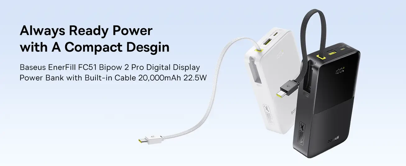LiPo išorinis akumuliatorius (Powerbank) 20000mAh 22.5W su įmontuotu USB-C kabeliu, USB-A, USB-C Bipow2 Pro EnerFill Juodas BASEUS aprašymas - Prekės nuotrauka