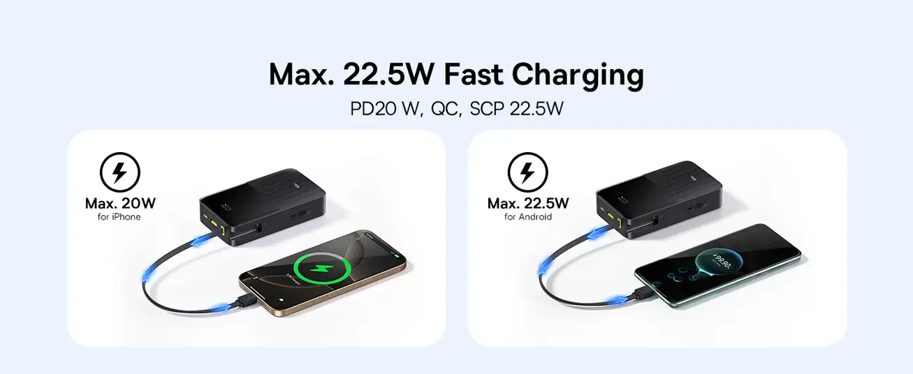 LiPo išorinis akumuliatorius (Powerbank) 20000mAh 22.5W su įmontuotu USB-C kabeliu, USB-A, USB-C Bipow2 Pro EnerFill Juodas BASEUS aprašymas - Prekės nuotrauka