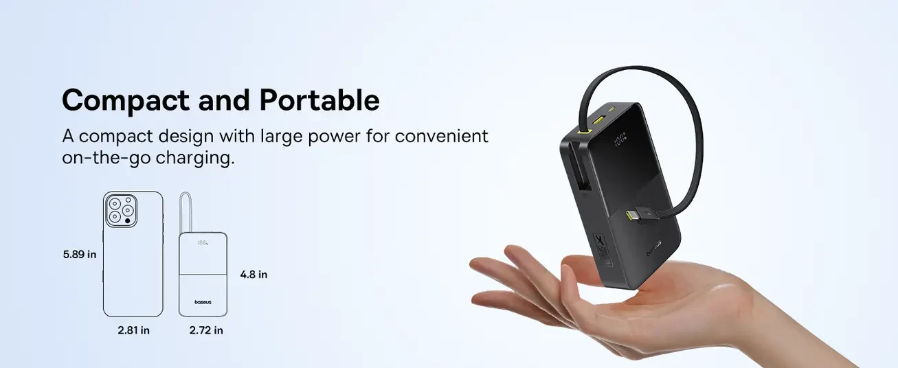LiPo išorinis akumuliatorius (Powerbank) 20000mAh 22.5W su įmontuotu USB-C kabeliu, USB-A, USB-C Bipow2 Pro EnerFill Juodas BASEUS aprašymas - Prekės nuotrauka