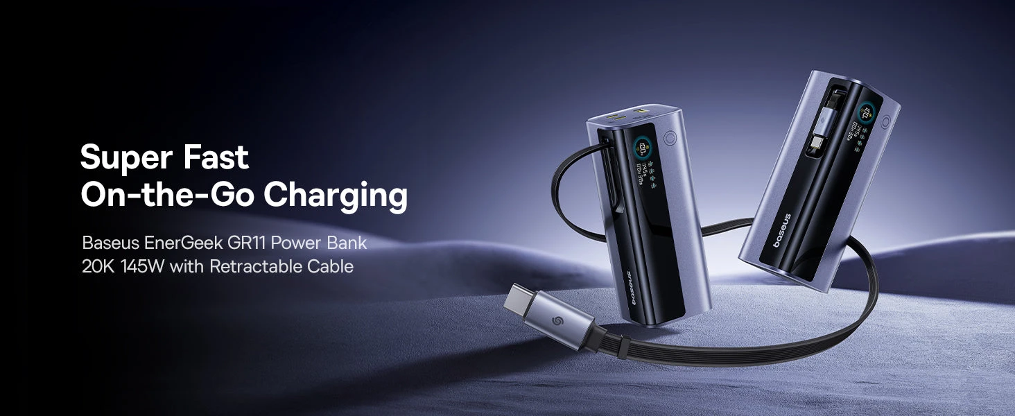 LiPo išorinis akumuliatorius (Powerbank) 20000mAh 145W, su įmontuotu USB-C kabeliu, USB-A, USB-C pilkas EnerGeek GR11 BASEUS aprašymas - Prekės nuotrauka