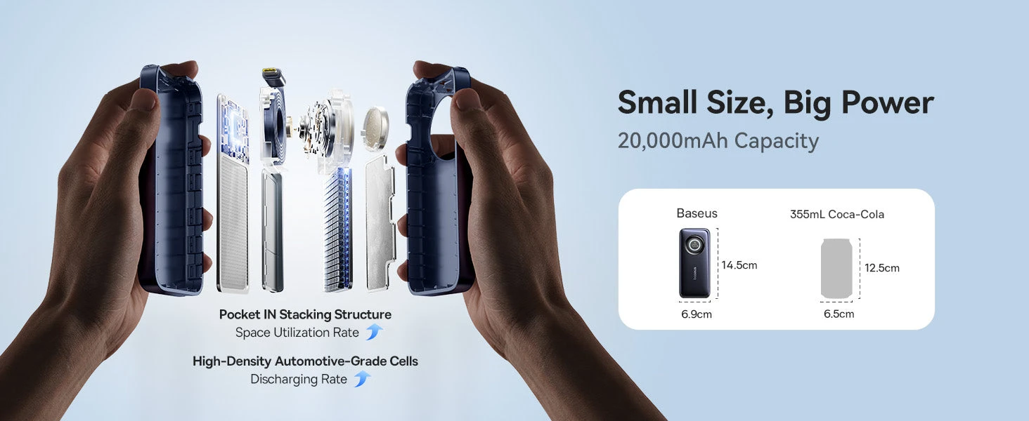 LiPo išorinis akumuliatorius (PowerBank) 20000mAh 67W su sutraukiamu kabeliu EnerCore CR11 BASEUS aprašymas - Prekės nuotrauka