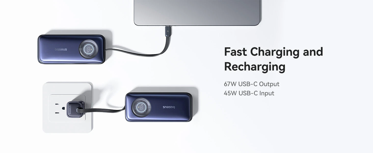 LiPo išorinis akumuliatorius (PowerBank) 20000mAh 67W su sutraukiamu kabeliu EnerCore CR11 BASEUS aprašymas - Prekės nuotrauka