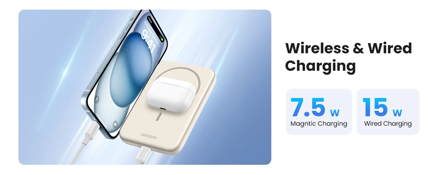 LiPo išorinis akumuliatorius (Powerbank) 5000mAh 15W bevielis QI 7.5W, su magnetu Magsafe PB560 UGREEN aprašymas - Prekės nuotrauka