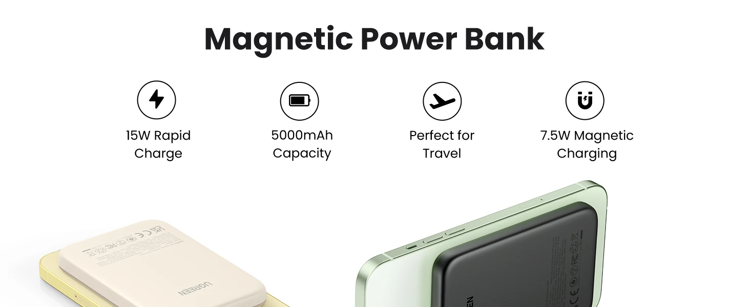 LiPo išorinis akumuliatorius (Powerbank) 5000mAh 15W bevielis QI 7.5W, su magnetu Magsafe PB560 UGREEN aprašymas - Prekės nuotrauka