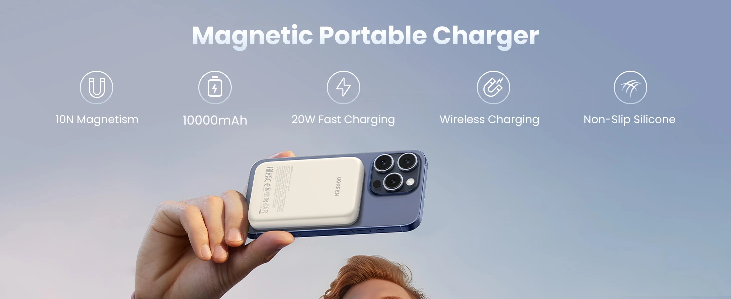 LiPo išorinis akumuliatorius (Powerbank) 10000mAh 20W bevielis QI 15W, su magnetu Magsafe PB561 UGREEN aprašymas - Prekės nuotrauka